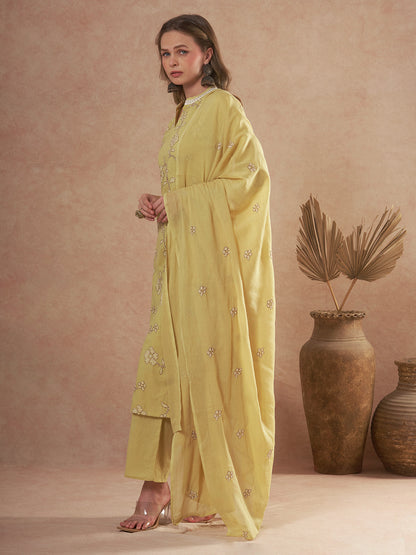 Solid Ethnic Embroidered Straight Fit Kurta with Palazzo and Dupatta - Green
