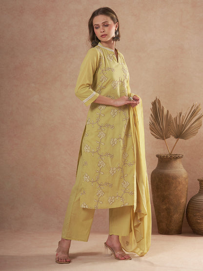 Solid Ethnic Embroidered Straight Fit Kurta with Palazzo and Dupatta - Green