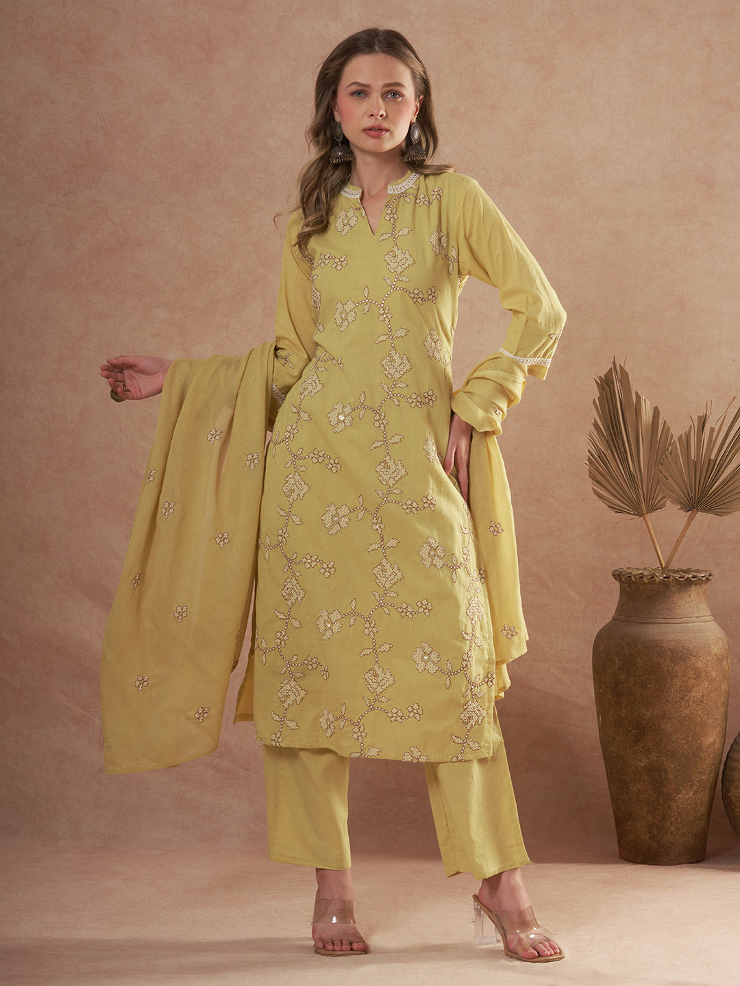 Solid Ethnic Embroidered Straight Fit Kurta with Palazzo and Dupatta - Green