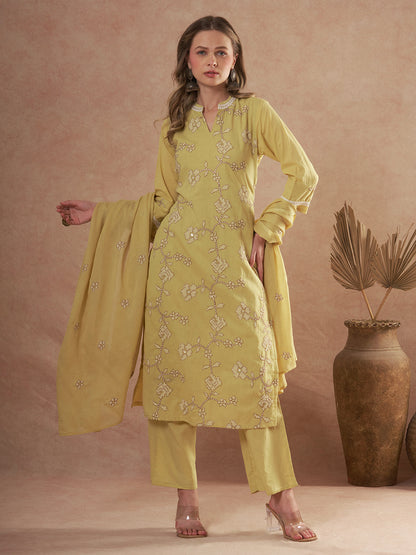 Solid Ethnic Embroidered Straight Fit Kurta with Palazzo and Dupatta - Green