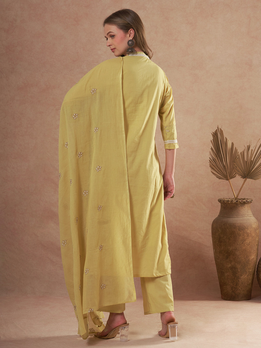 Solid Ethnic Embroidered Straight Fit Kurta with Palazzo and Dupatta - Green