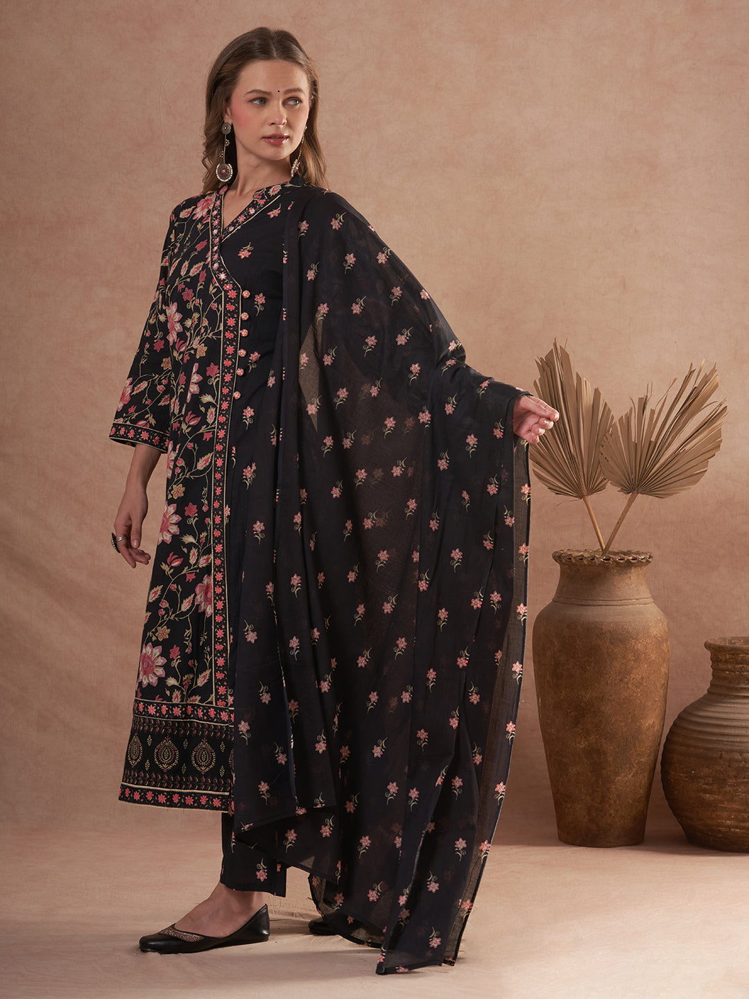 Ethnic Floral Printed Anarkali Flared Kurta with Palazzo and Dupatta - Black