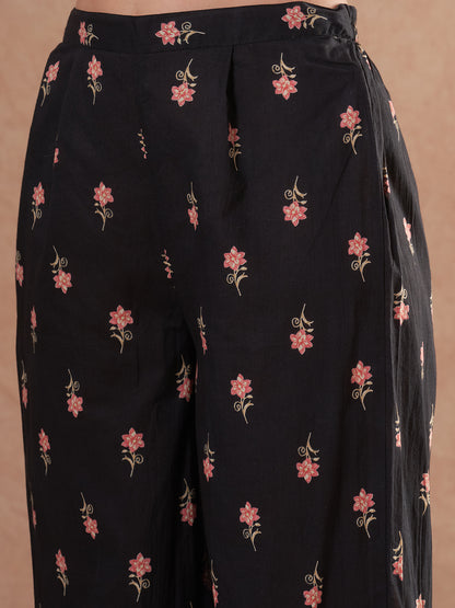Ethnic Floral Printed Anarkali Flared Kurta with Palazzo and Dupatta - Black
