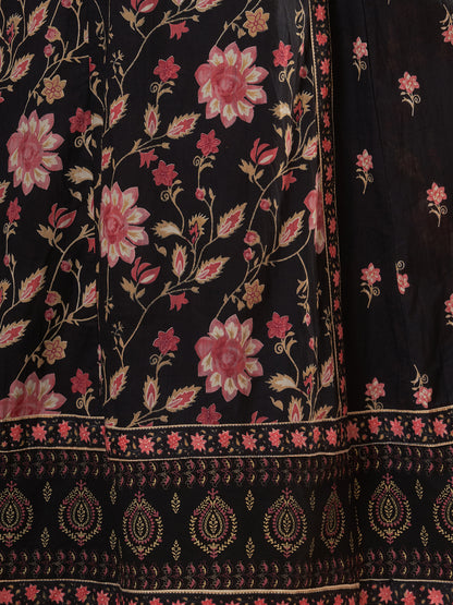 Ethnic Floral Printed Anarkali Flared Kurta with Palazzo and Dupatta - Black