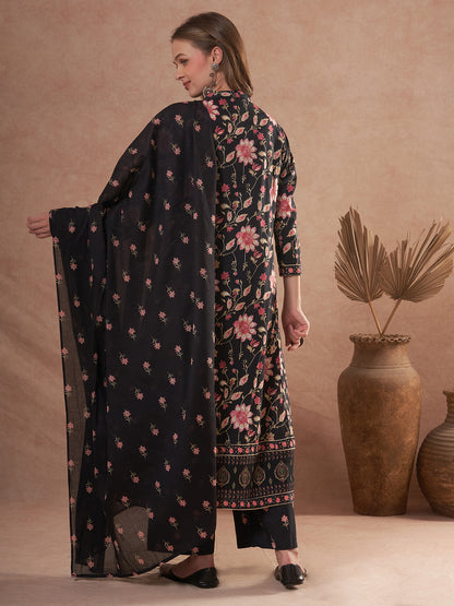Ethnic Floral Printed Anarkali Flared Kurta with Palazzo and Dupatta - Black