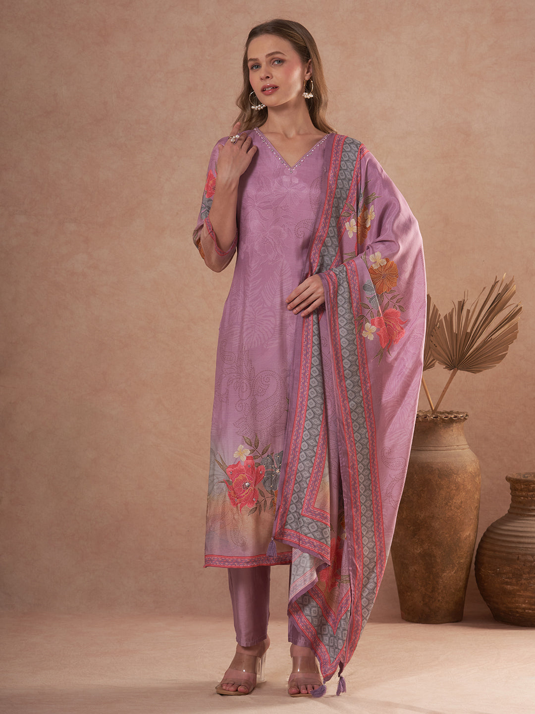 Abstract Floral Printed Embroidered Straight Fit Kurta with Pant and Dupatta - Mauve
