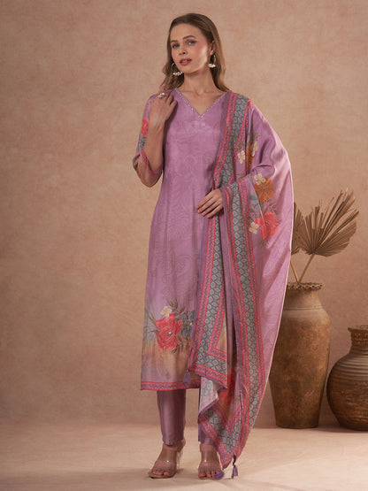 Abstract Floral Printed Embroidered Straight Fit Kurta with Pant and Dupatta - Mauve