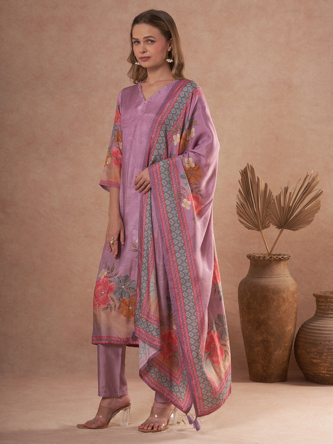 Abstract Floral Printed Embroidered Straight Fit Kurta with Pant and Dupatta - Mauve