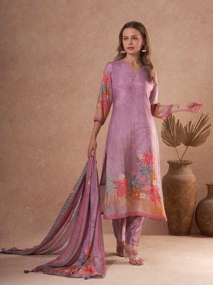 Abstract Floral Printed Embroidered Straight Fit Kurta with Pant and Dupatta - Mauve