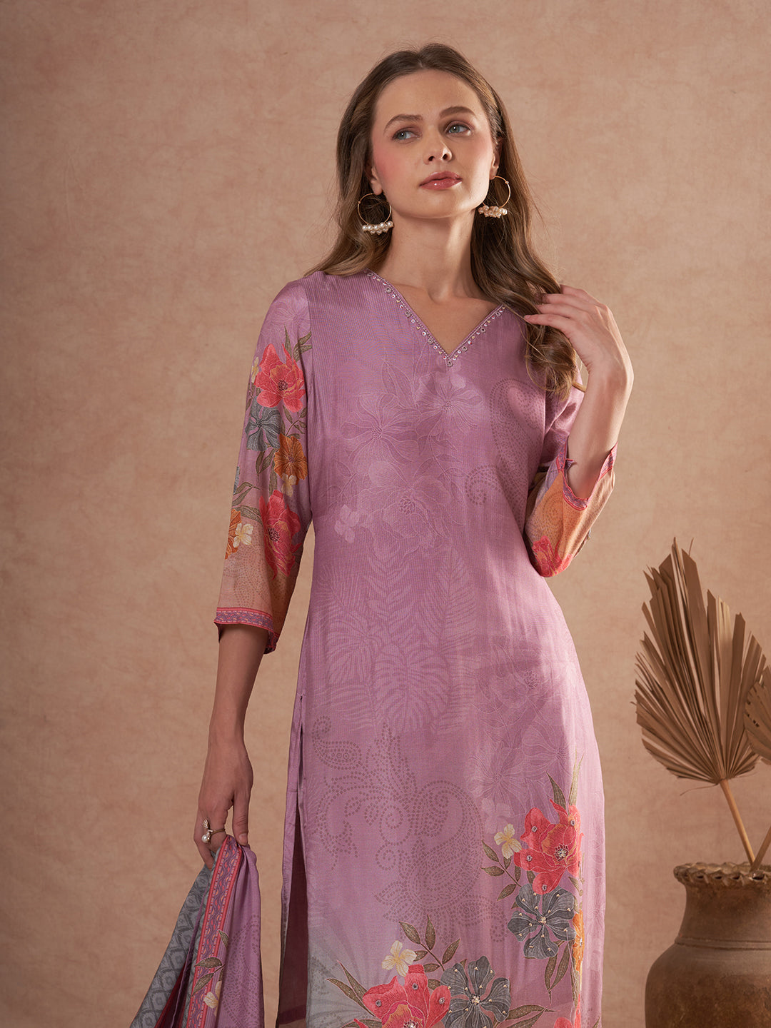 Abstract Floral Printed Embroidered Straight Fit Kurta with Pant and Dupatta - Mauve
