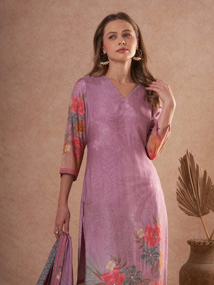 Abstract Floral Printed Embroidered Straight Fit Kurta with Pant and Dupatta - Mauve