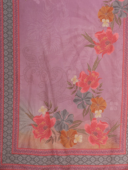 Abstract Floral Printed Embroidered Straight Fit Kurta with Pant and Dupatta - Mauve