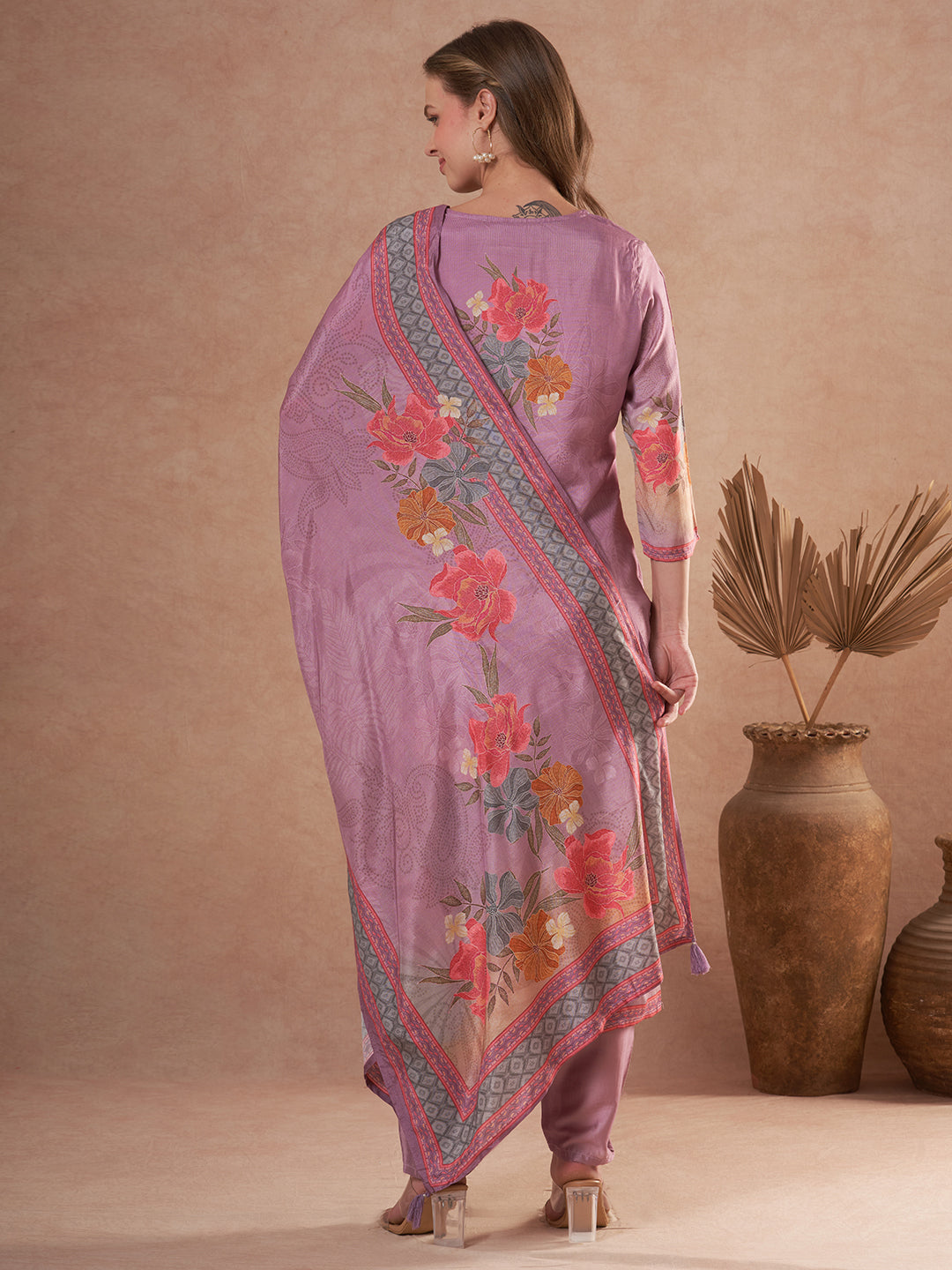 Abstract Floral Printed Embroidered Straight Fit Kurta with Pant and Dupatta - Mauve