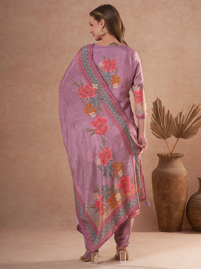 Abstract Floral Printed Embroidered Straight Fit Kurta with Pant and Dupatta - Mauve