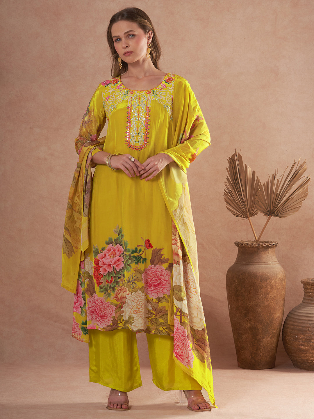 Abstract Floral Printed & Embroidered A-Line Kurta with Pant & Dupatta - Yellow