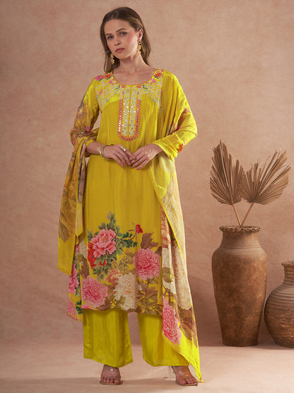 Abstract Floral Printed & Embroidered A-Line Kurta with Pant & Dupatta - Yellow