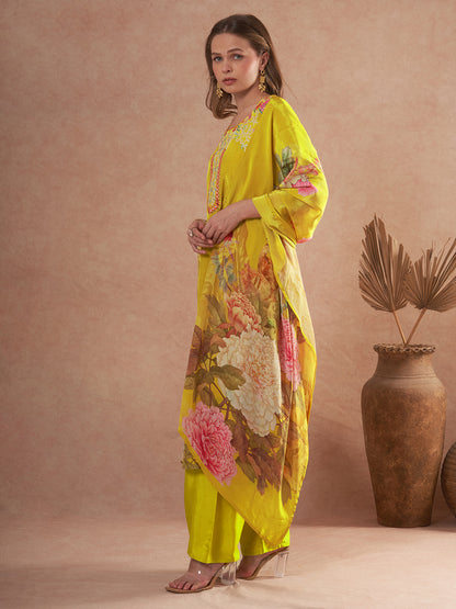 Abstract Floral Printed & Embroidered A-Line Kurta with Pant & Dupatta - Yellow