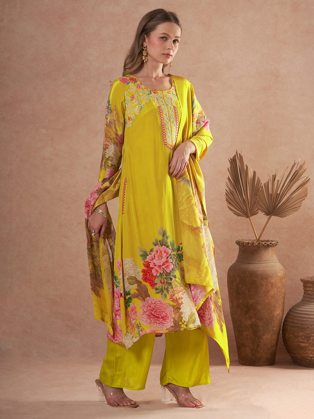 Abstract Floral Printed & Embroidered A-Line Kurta with Pant & Dupatta - Yellow