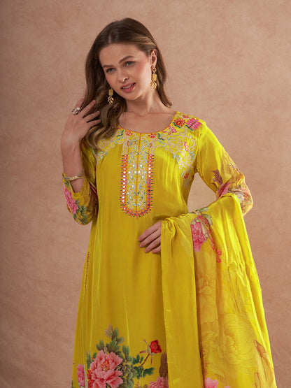 Abstract Floral Printed & Embroidered A-Line Kurta with Pant & Dupatta - Yellow