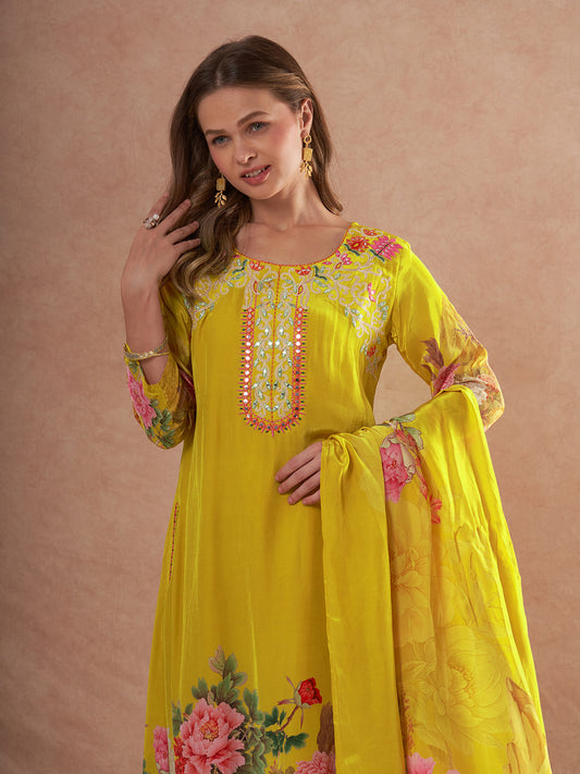 Abstract Floral Printed & Embroidered A-Line Kurta with Pant & Dupatta - Yellow