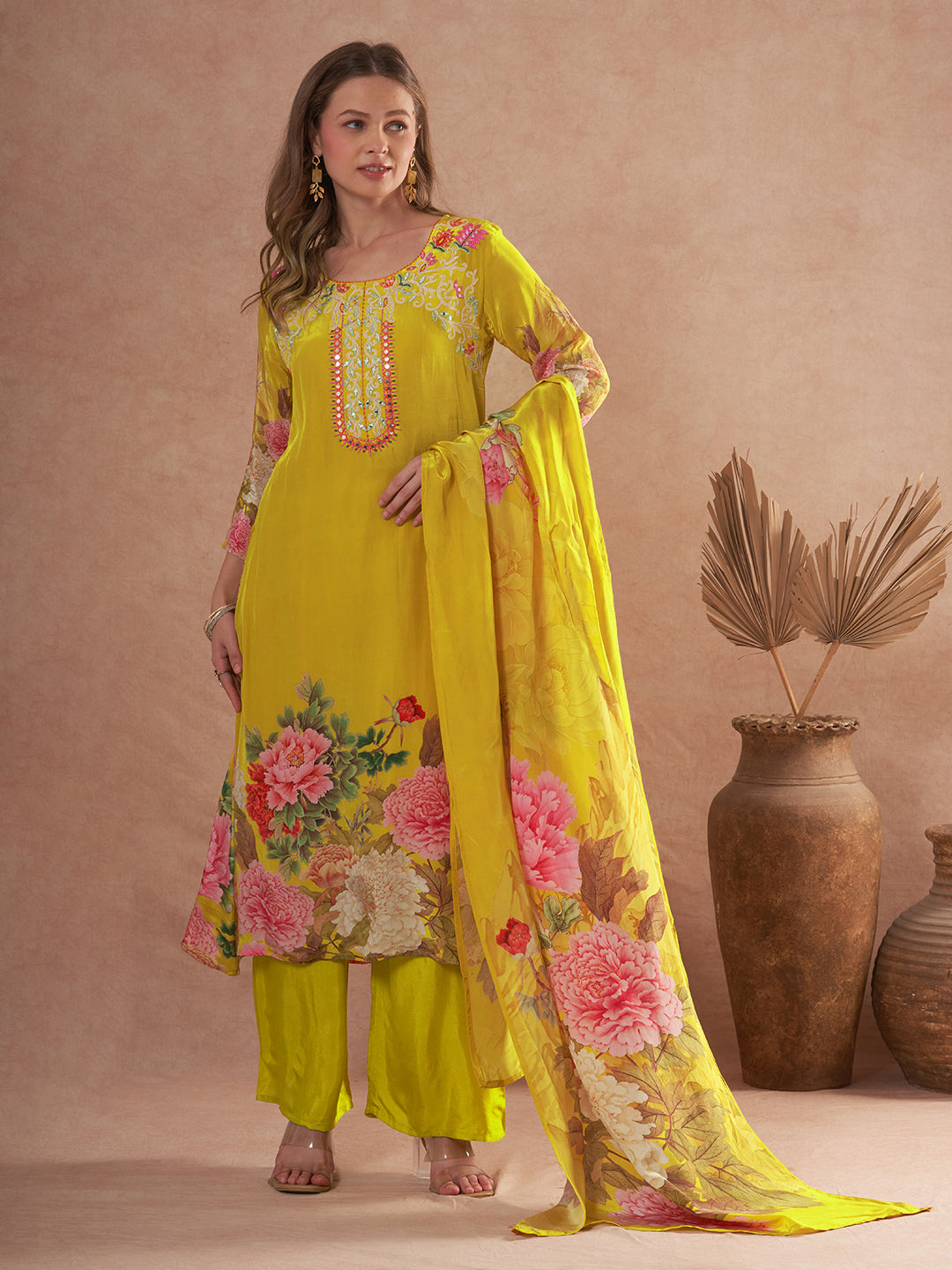 Abstract Floral Printed & Embroidered A-Line Kurta with Pant & Dupatta - Yellow