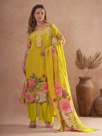 Abstract Floral Printed & Embroidered A-Line Kurta with Pant & Dupatta - Yellow