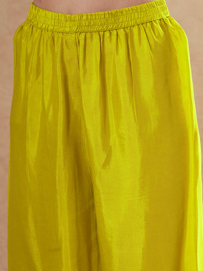 Abstract Floral Printed & Embroidered A-Line Kurta with Pant & Dupatta - Yellow