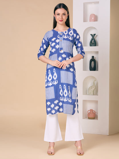 Ethnic Printed Straight Fit Kurta - Navy Blue