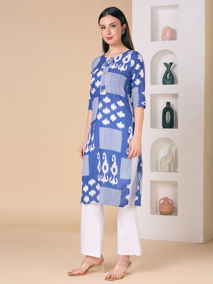 Ethnic Printed Straight Fit Kurta - Navy Blue