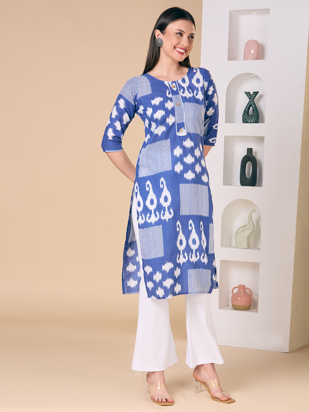 Ethnic Printed Straight Fit Kurta - Navy Blue
