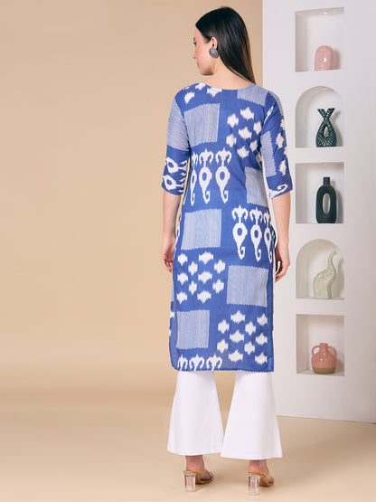 Ethnic Printed Straight Fit Kurta - Navy Blue