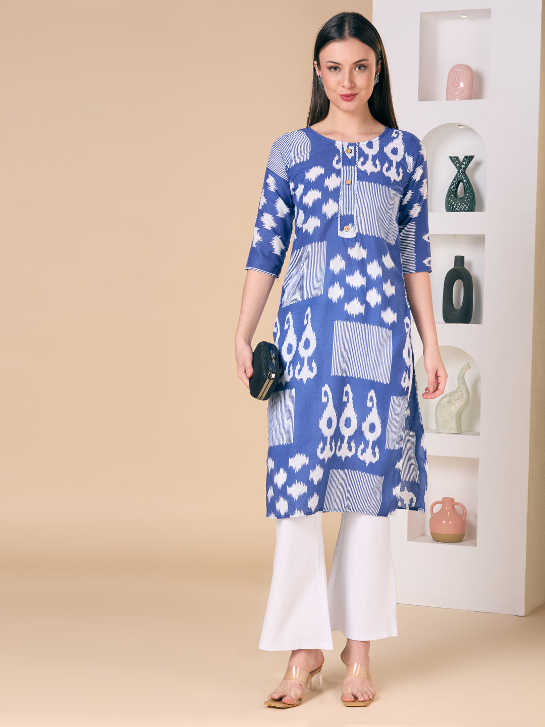 Ethnic Printed Straight Fit Kurta - Navy Blue