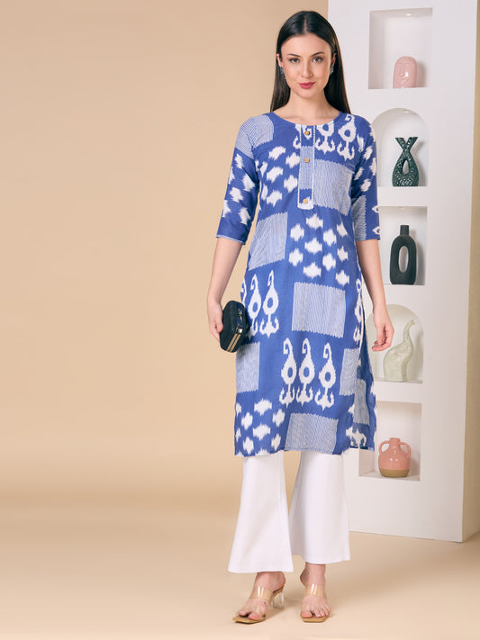 Ethnic Printed Straight Fit Kurta - Navy Blue