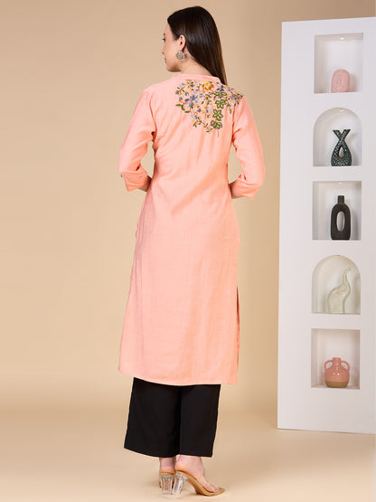Solid Floral Hand Embroidered Straight Fit Kurta - Peach