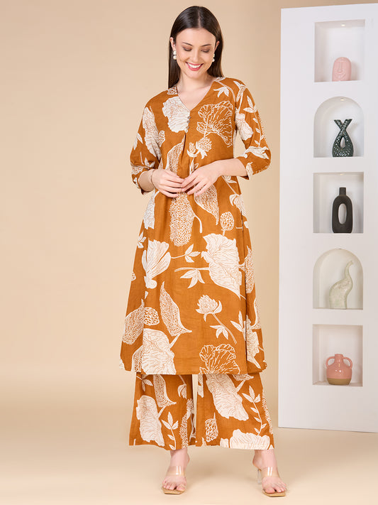 Abstract Floral Printed A-Line Co-ord Set - Mustard