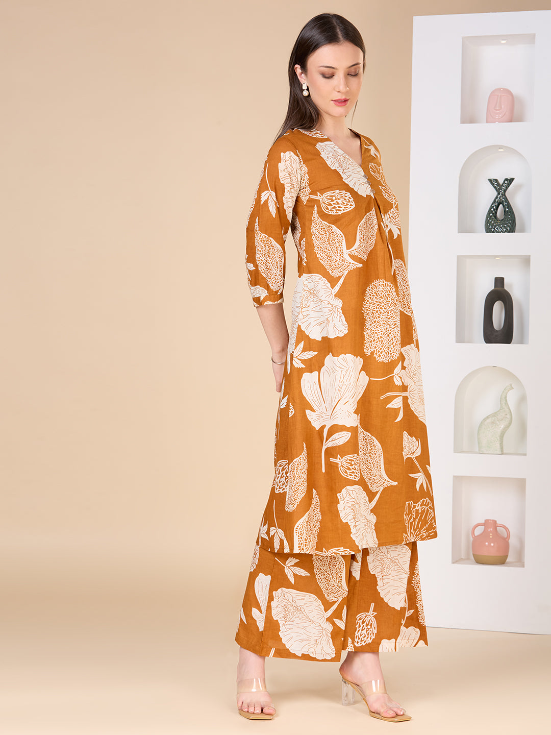 Abstract Floral Printed A-Line Co-ord Set - Mustard