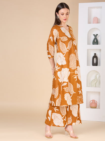 Abstract Floral Printed A-Line Co-ord Set - Mustard
