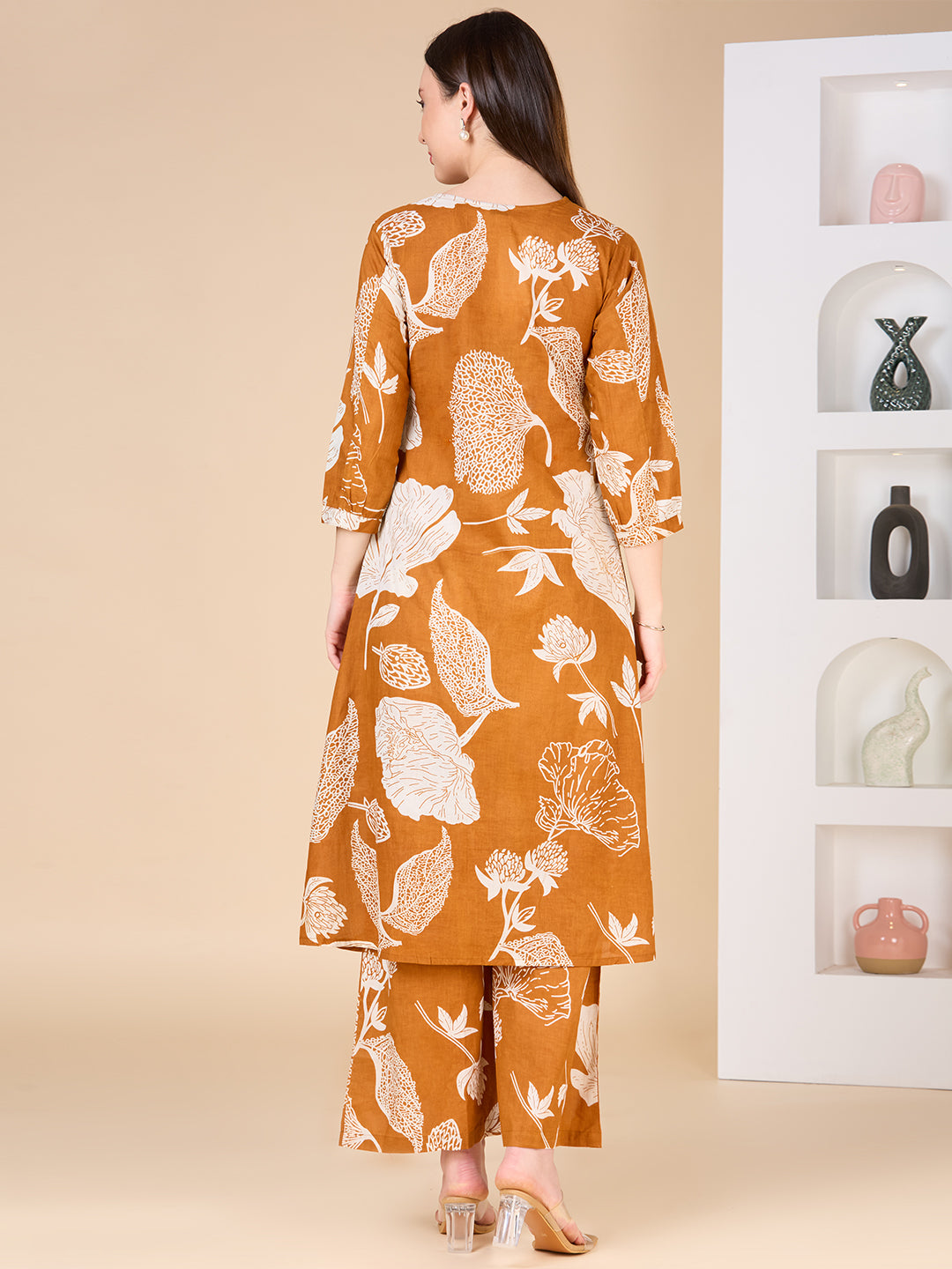 Abstract Floral Printed A-Line Co-ord Set - Mustard