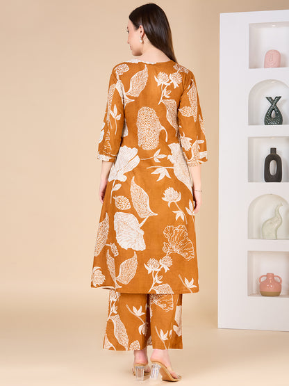 Abstract Floral Printed A-Line Co-ord Set - Mustard