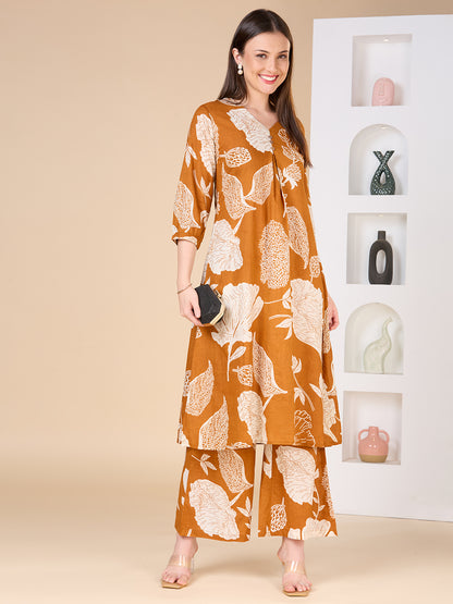 Abstract Floral Printed A-Line Co-ord Set - Mustard
