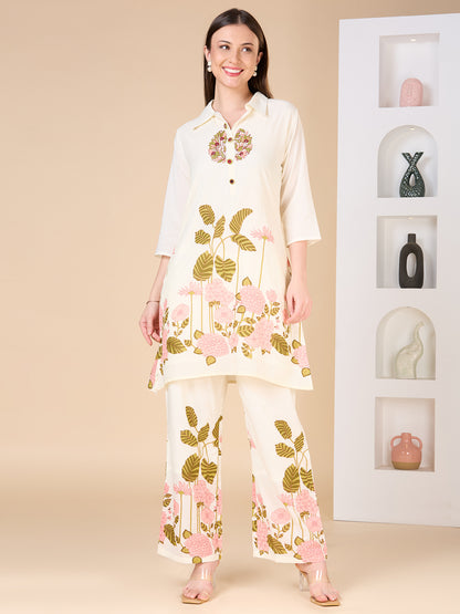 Solid Floral Printed & Hand Embroidered A-Line Co-ord Set - Cream