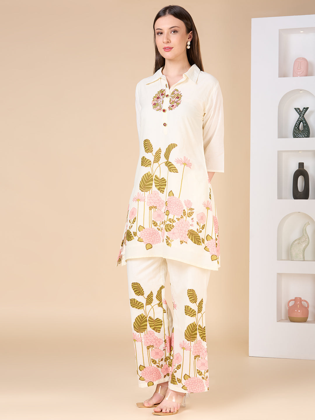 Solid Floral Printed & Hand Embroidered A-Line Co-ord Set - Cream