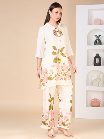 Solid Floral Printed & Hand Embroidered A-Line Co-ord Set - Cream