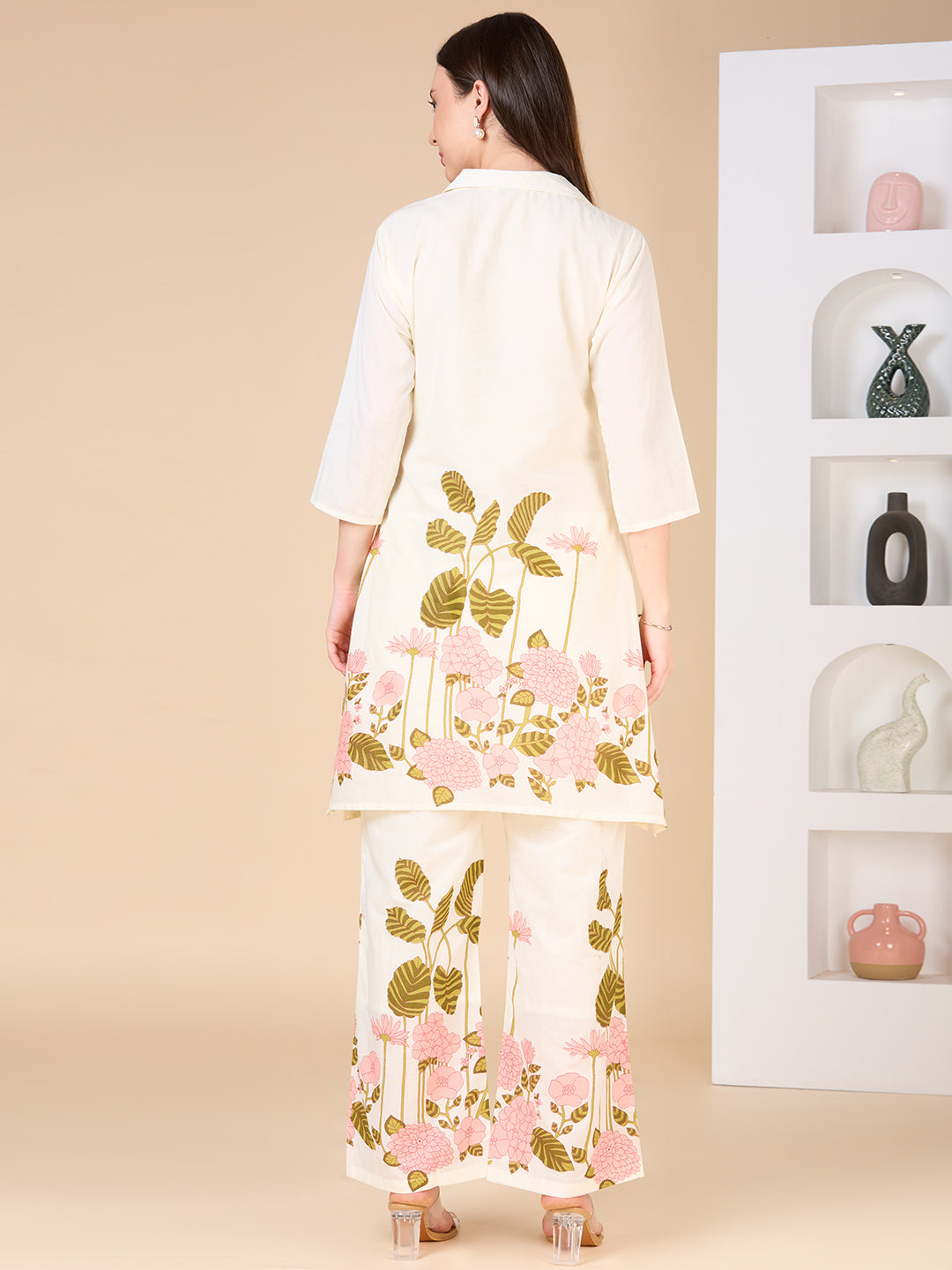 Solid Floral Printed & Hand Embroidered A-Line Co-ord Set - Cream