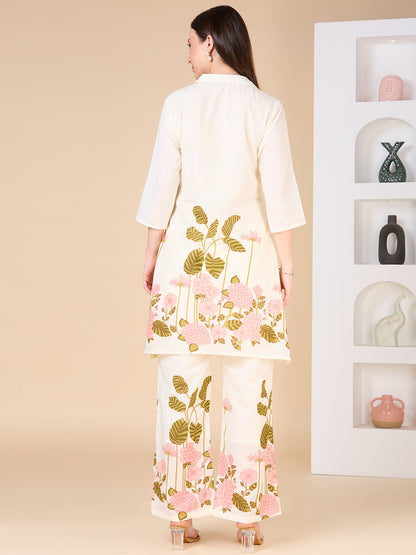 Solid Floral Printed & Hand Embroidered A-Line Co-ord Set - Cream