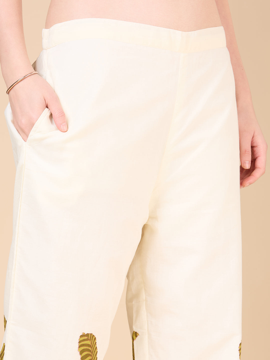 Solid Floral Printed & Hand Embroidered A-Line Co-ord Set - Cream