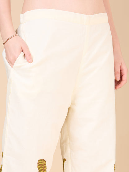 Solid Floral Printed & Hand Embroidered A-Line Co-ord Set - Cream