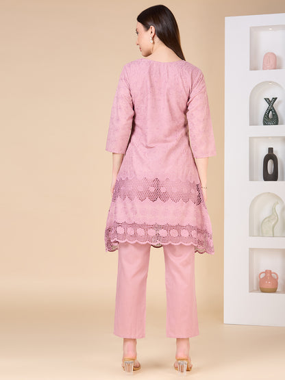 Floral Threadwork Embroidered A-Line Kurta with Pant - Pink