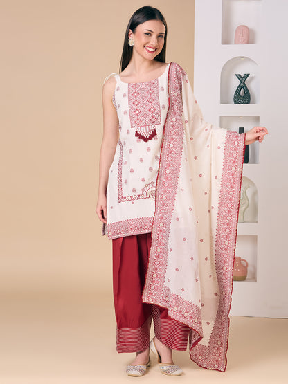 Ethnic Floral Woven Straight Fit Kurta with Salwar and Dupatta - Off White