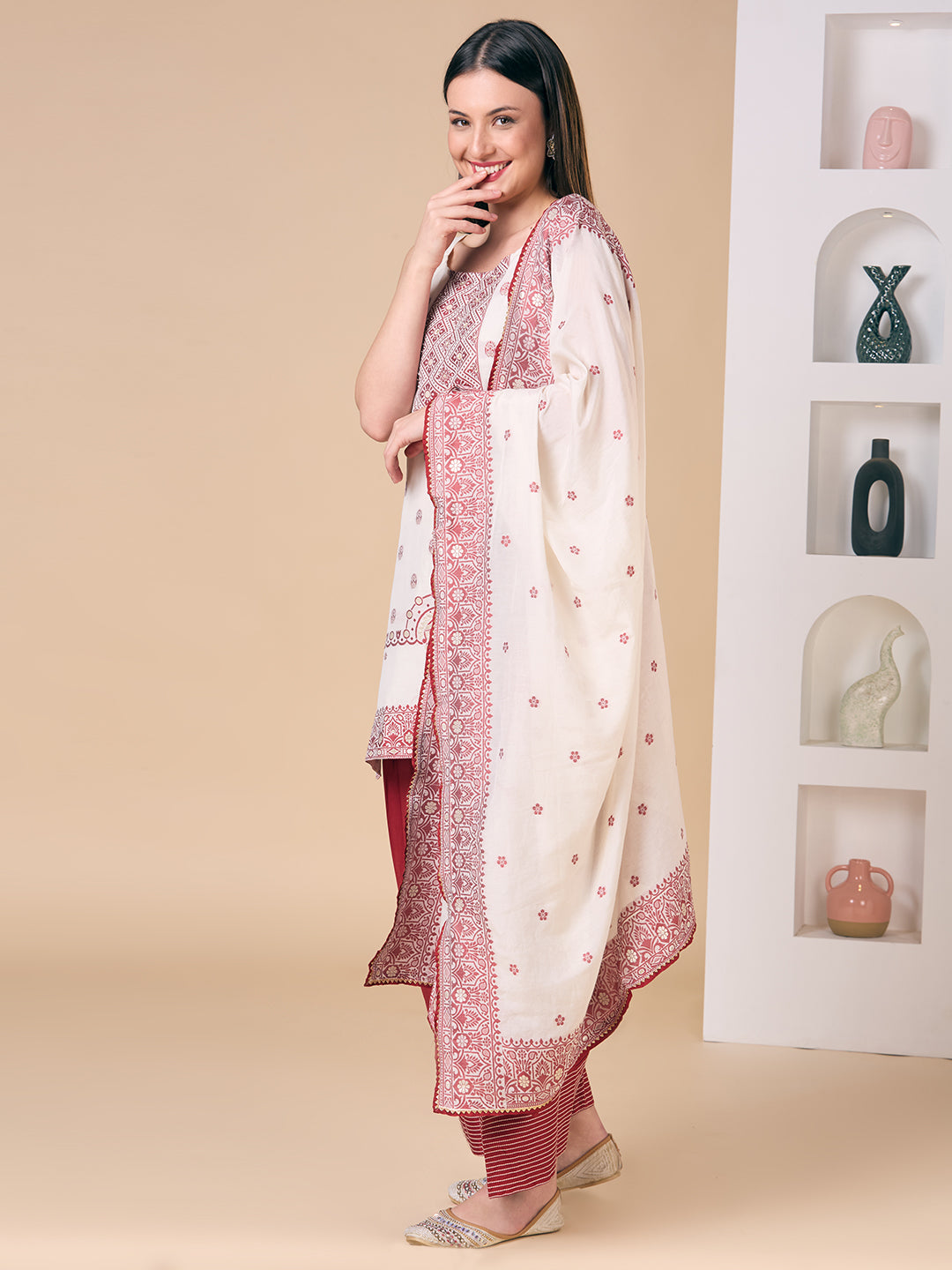 Ethnic Floral Woven Straight Fit Kurta with Salwar and Dupatta - Off White